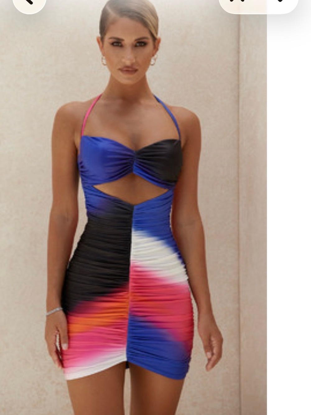 House of CB Blue Pink Black Colorblock Ruched Halter Mini Dress